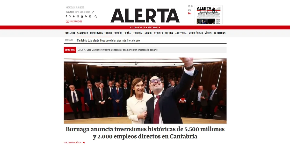 Home page of El Diario Alerta, a newspaper in Cantabria