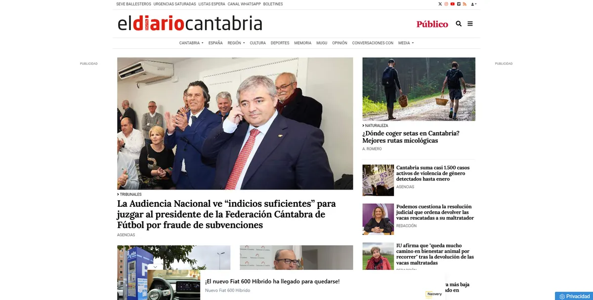 Home page of El Diario Cantabria, a newspaper in Cantabria