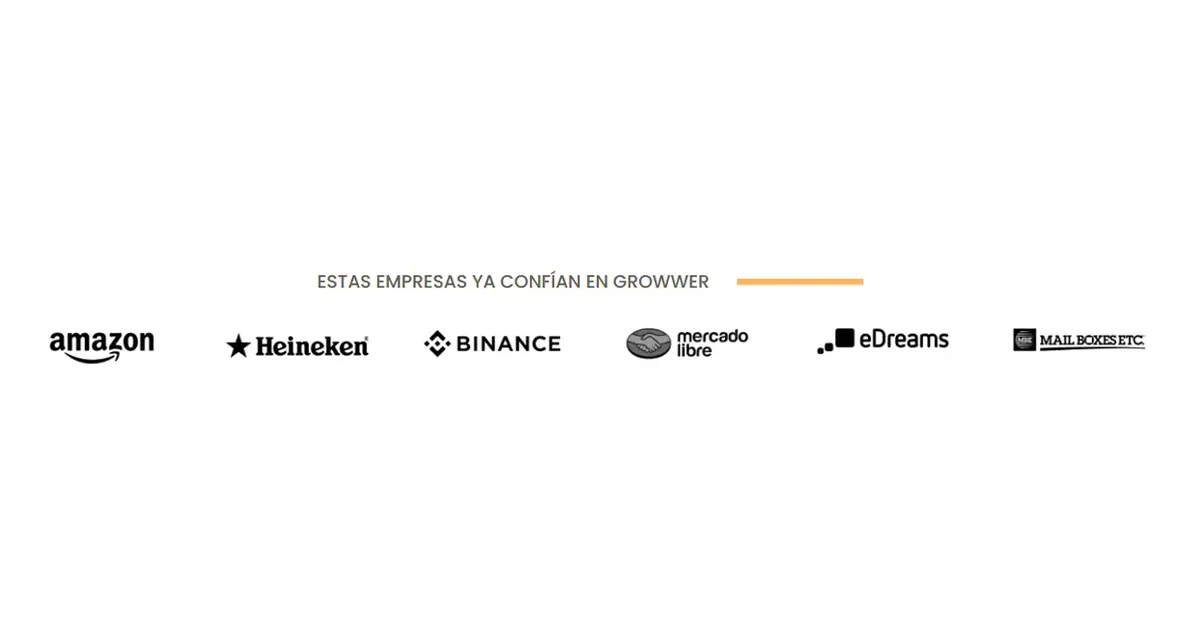 Growwer client logos: Amazon, Heineken, Binance, Mercado Libre, eDreams and Mail Boxes Etc