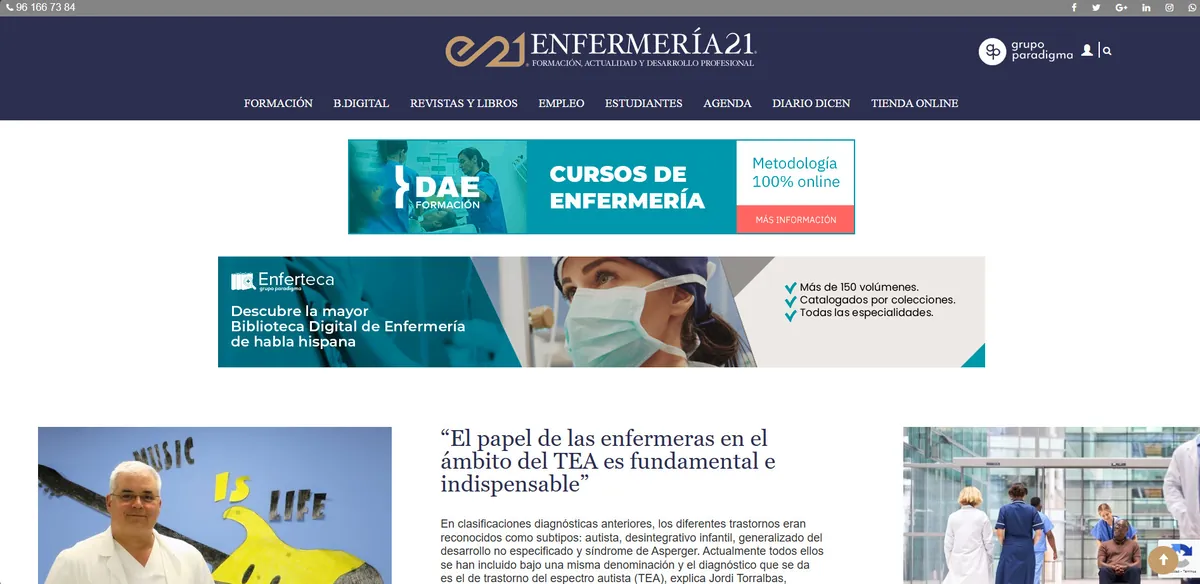 Home page of Enfermería21, a Spanish health site