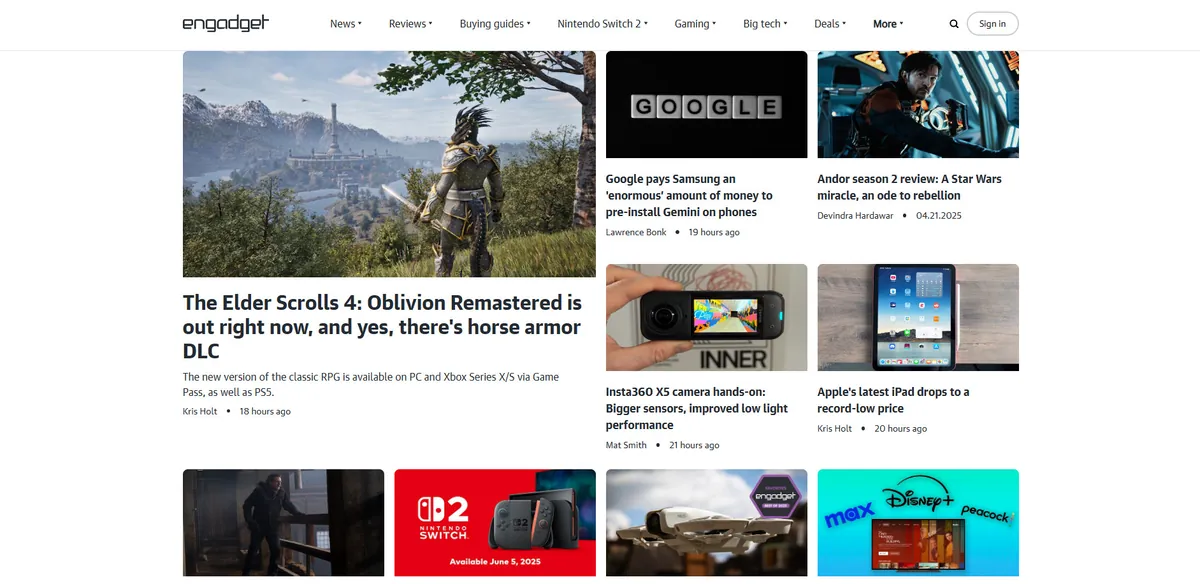 Home page of Engadget, a tech site