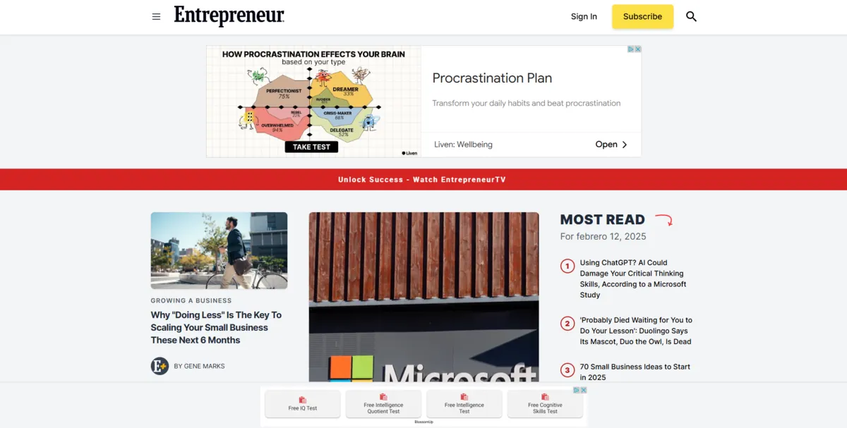 Home page of Entrepreneur, a US business site
