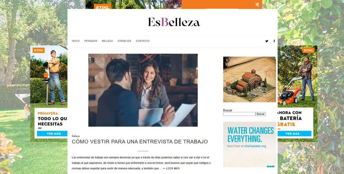 Home page of EsBelleza, a Spanish beauty site