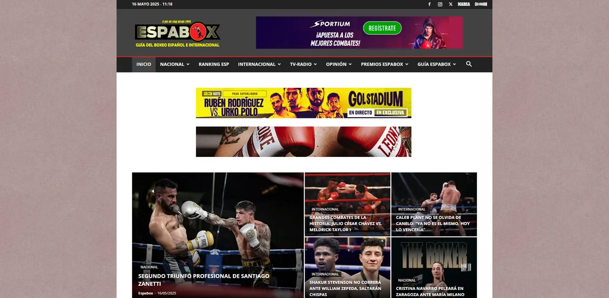 Home page of Espabox, a Spanish sports site
