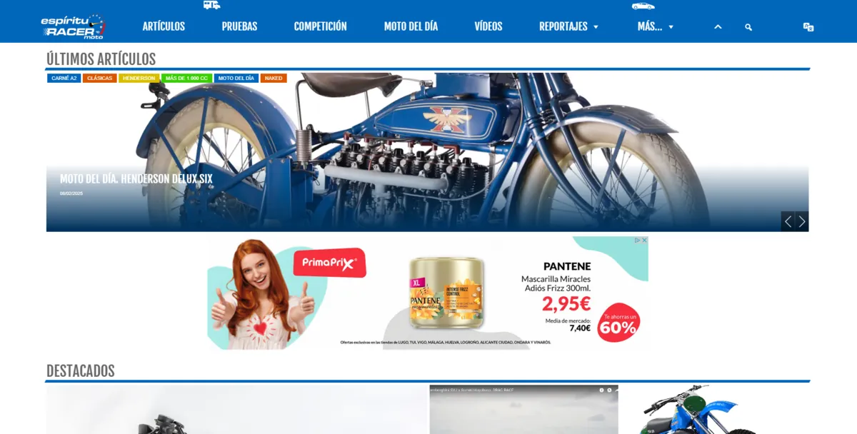 Home page of Espíritu Racer Moto, a Spanish motorcycle site