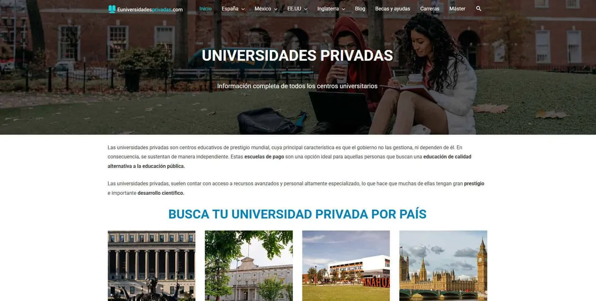 Home page of EuniversidadesPrivadas, a Spanish education site
