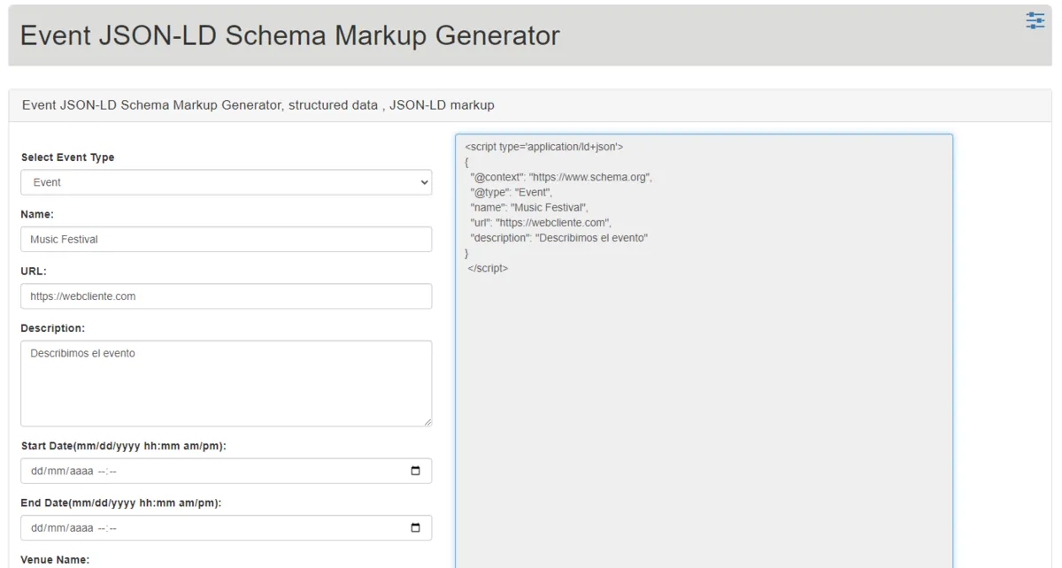 Event JSON-LD Schema Markup Generator filled in for a music festival