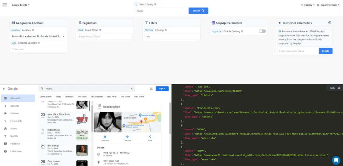 SerpApi Google Events query for 'music' returning each event source in JSON