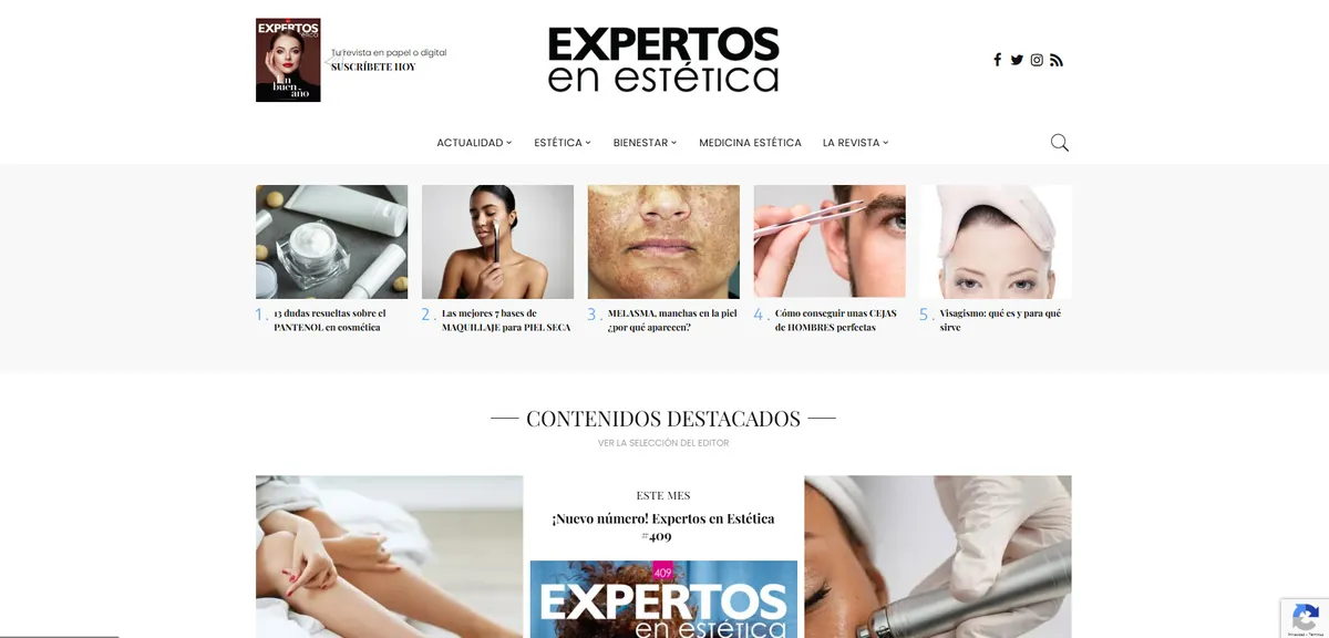 Home page of Expertos en Estética, a Spanish health site