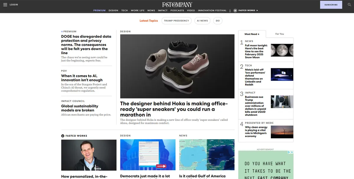 Home page of Fast Company, a US business site