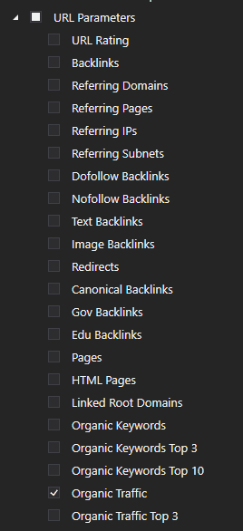 Netpeak Checker Ahrefs URL parameters with Organic Traffic selected