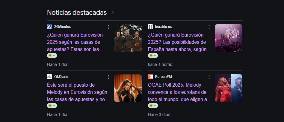 Noticias destacadas de Google sobre Eurovisión 2025 en 20Minutos, heraldo.es, OkDiario y EuropaFM