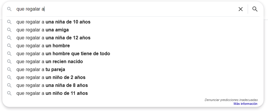 Google Autocomplete suggestions for 'que regalar a', each naming a different recipient