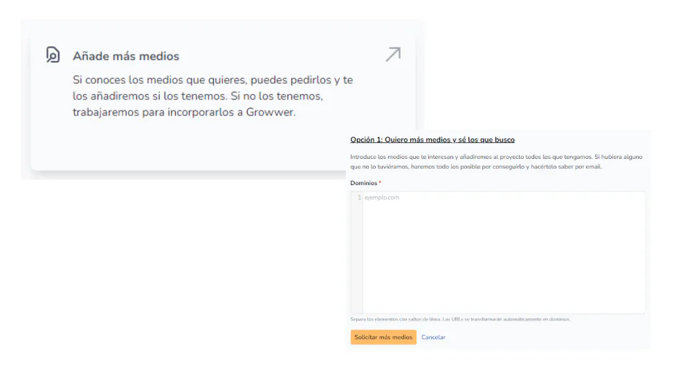 Growwer 'Add more media' card and form to request specific domains