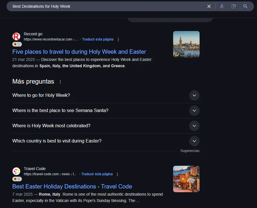 Google results for 'Best Destinations for Holy Week' with Record go and Travel Code