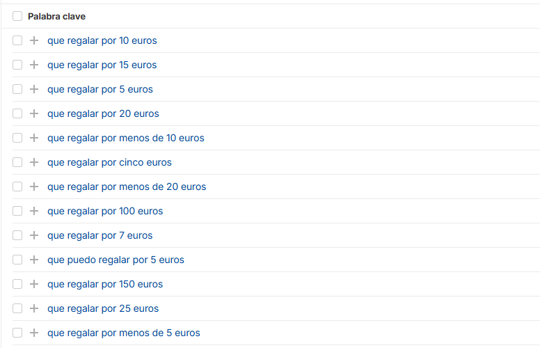 Keyword ideas for 'que regalar por' by budget, from 5 to 150 euros