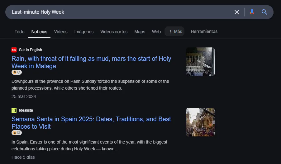 Google News results for 'Last-minute Holy Week' with Sur in English and Idealista