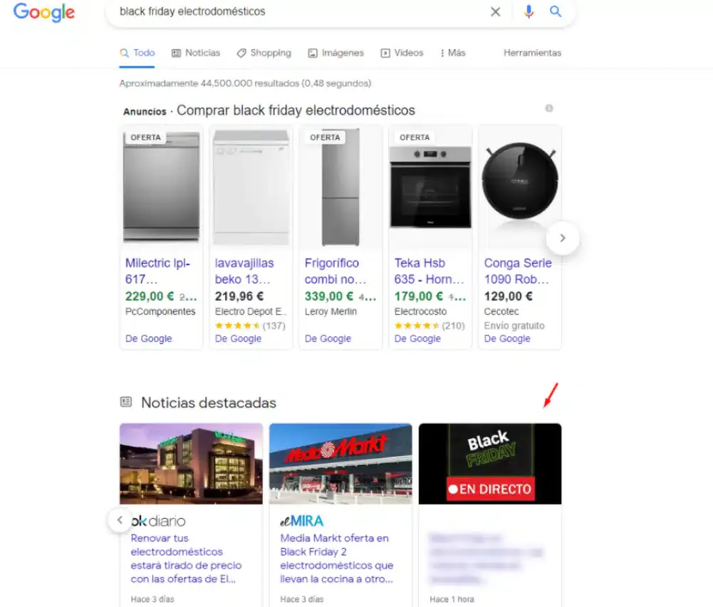 Article with a live label in Google Top stories for 'black friday electrodomésticos'