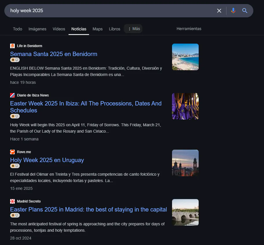 Google News results for 'holy week 2025' with Diario de Ibiza and Madrid Secreto