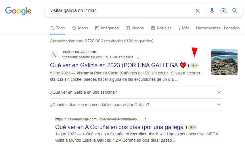 Growwer Chrome extension flagging unaideaunviaje.com for 'visitar galicia en 2 dias'