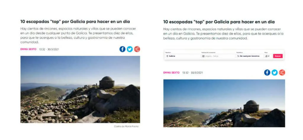 Galicia article before and after inserting a linked image that mimics a booking search