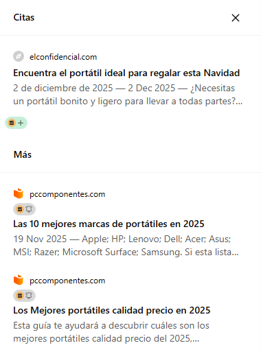 ChatGPT citations panel listing El Confidencial and PcComponentes laptop listicles
