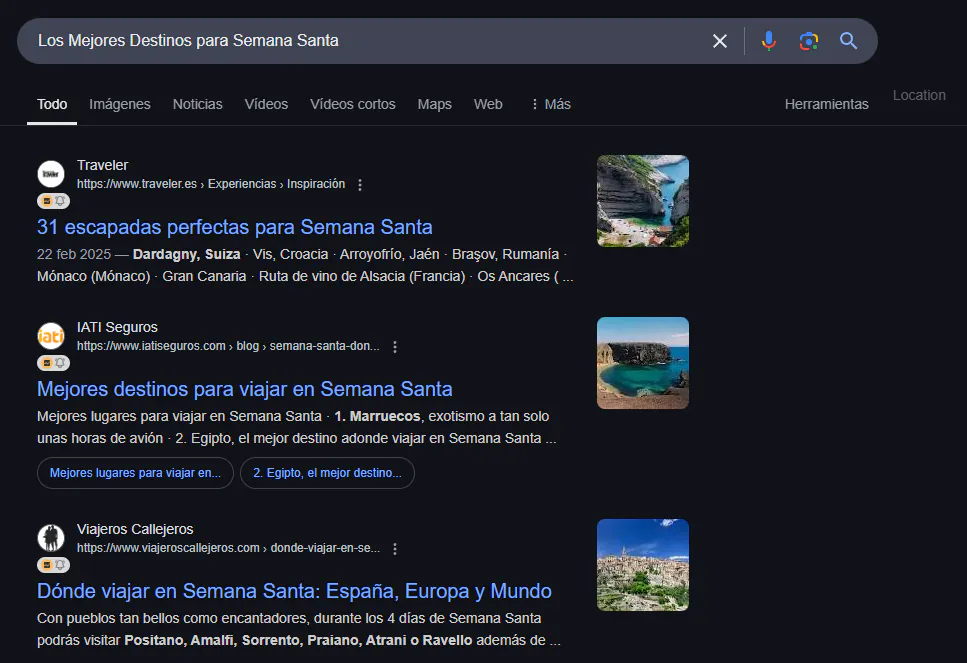 Resultados de Google para 'Los Mejores Destinos para Semana Santa' con Traveler e IATI Seguros