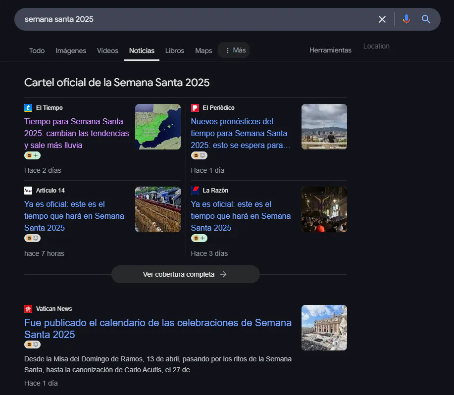 Carrusel de Google Noticias para 'semana santa 2025' con El Tiempo y La Razón