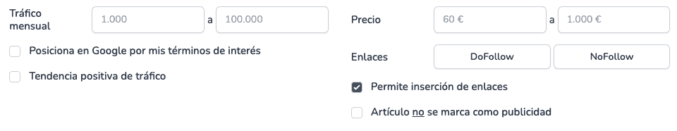 Filtros del catálogo de medios de Growwer con 'Permite inserción de enlaces' activado