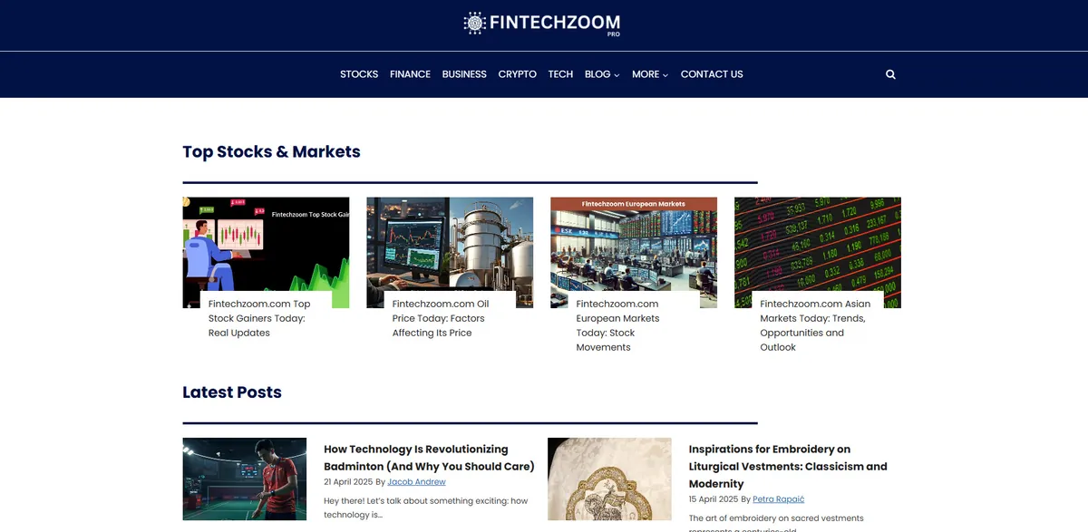 Home page of FintechZoom Pro, a tech site