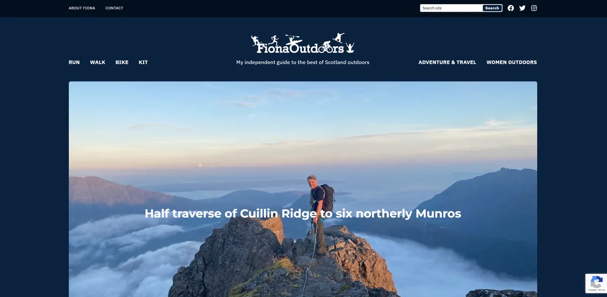 Home page of Fiona Outdoors, a UK travel site