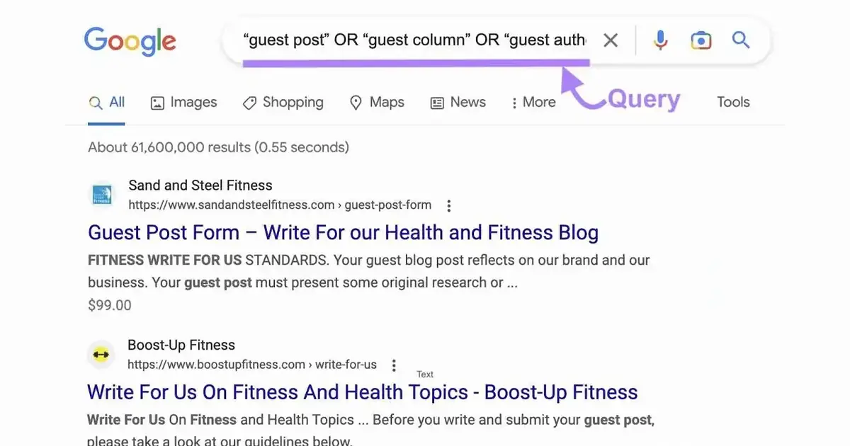 Google results for a guest posting footprint combining 'guest post' OR 'guest column'