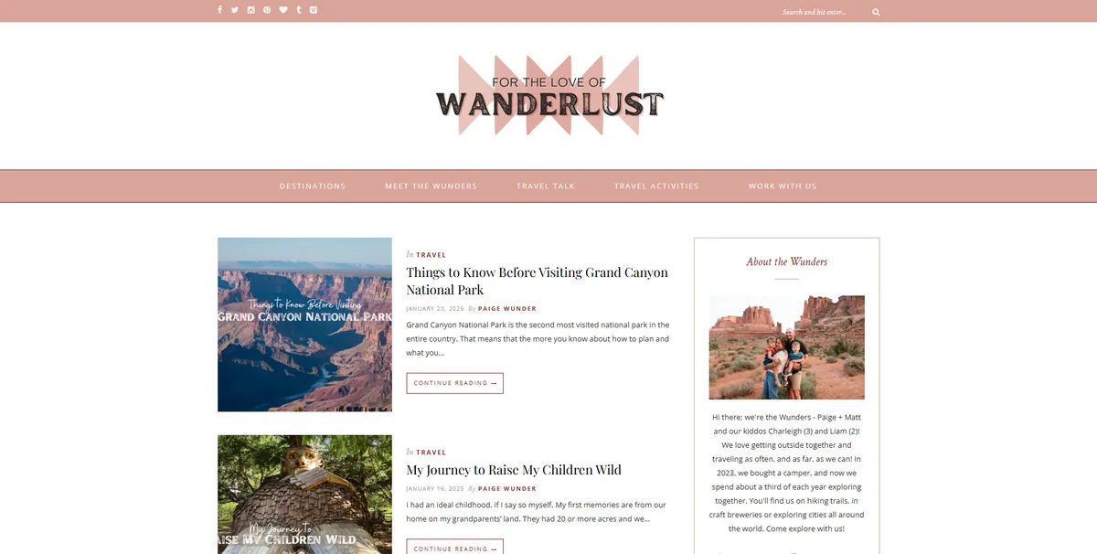 Home page of For the Love of Wanderlust, a US travel site
