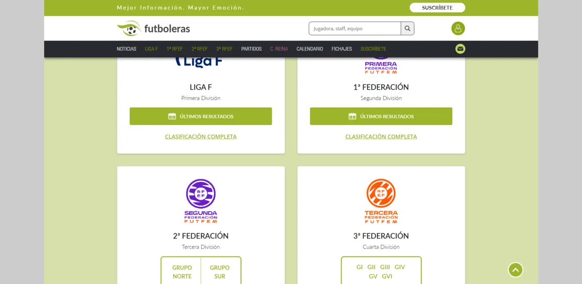 Home page of Futboleras, a Spanish sports site