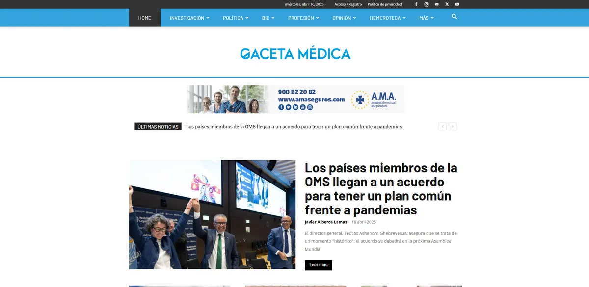 Home page of Gaceta Médica, a Spanish health site