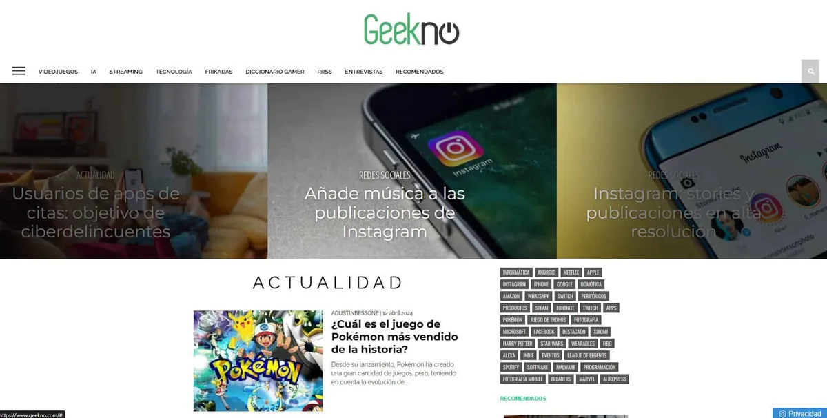Home page of Geekno, a Spanish video game site