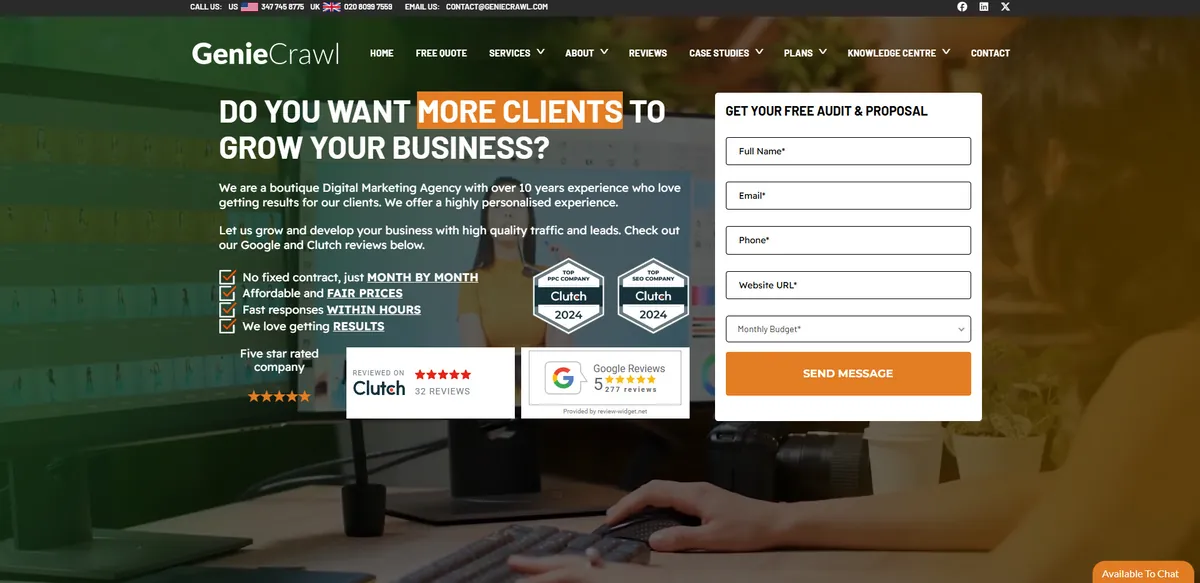 Home page of Genie Crawl, an SEO agency in London