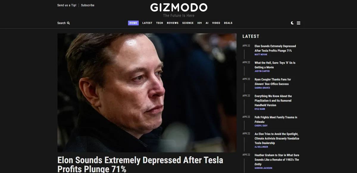 Home page of Gizmodo, a tech site