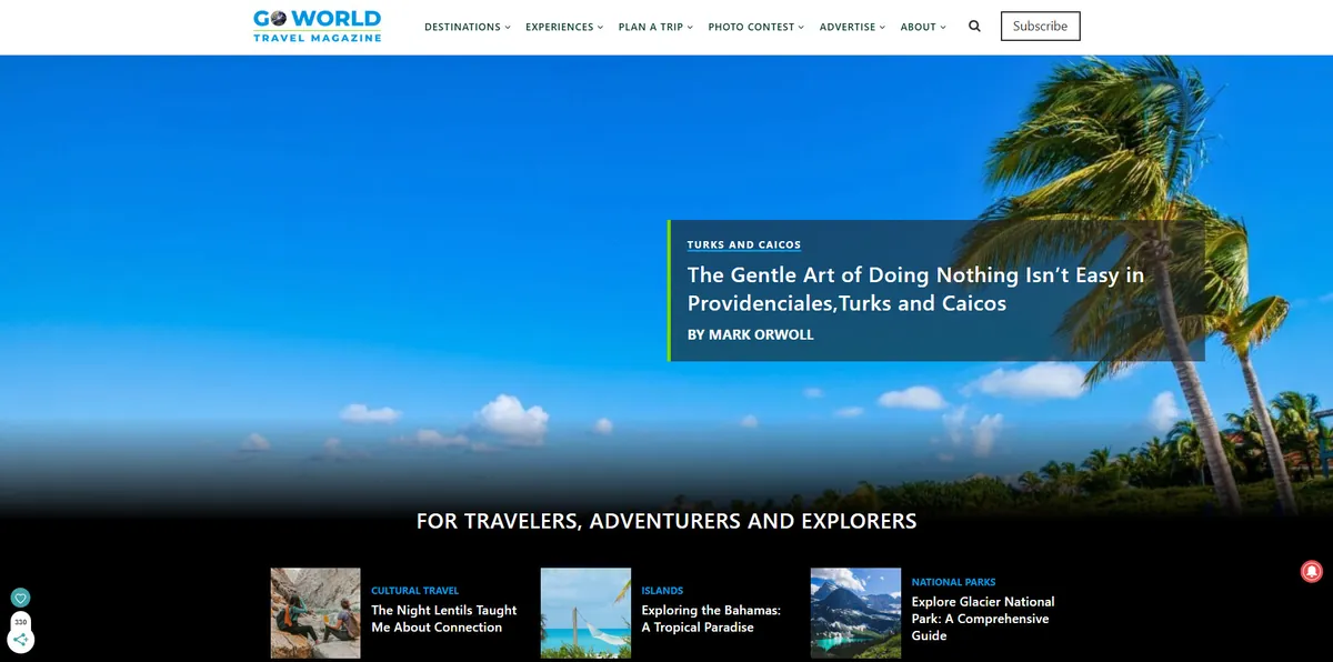 Home page of Go World Travel Magazine, a US travel site