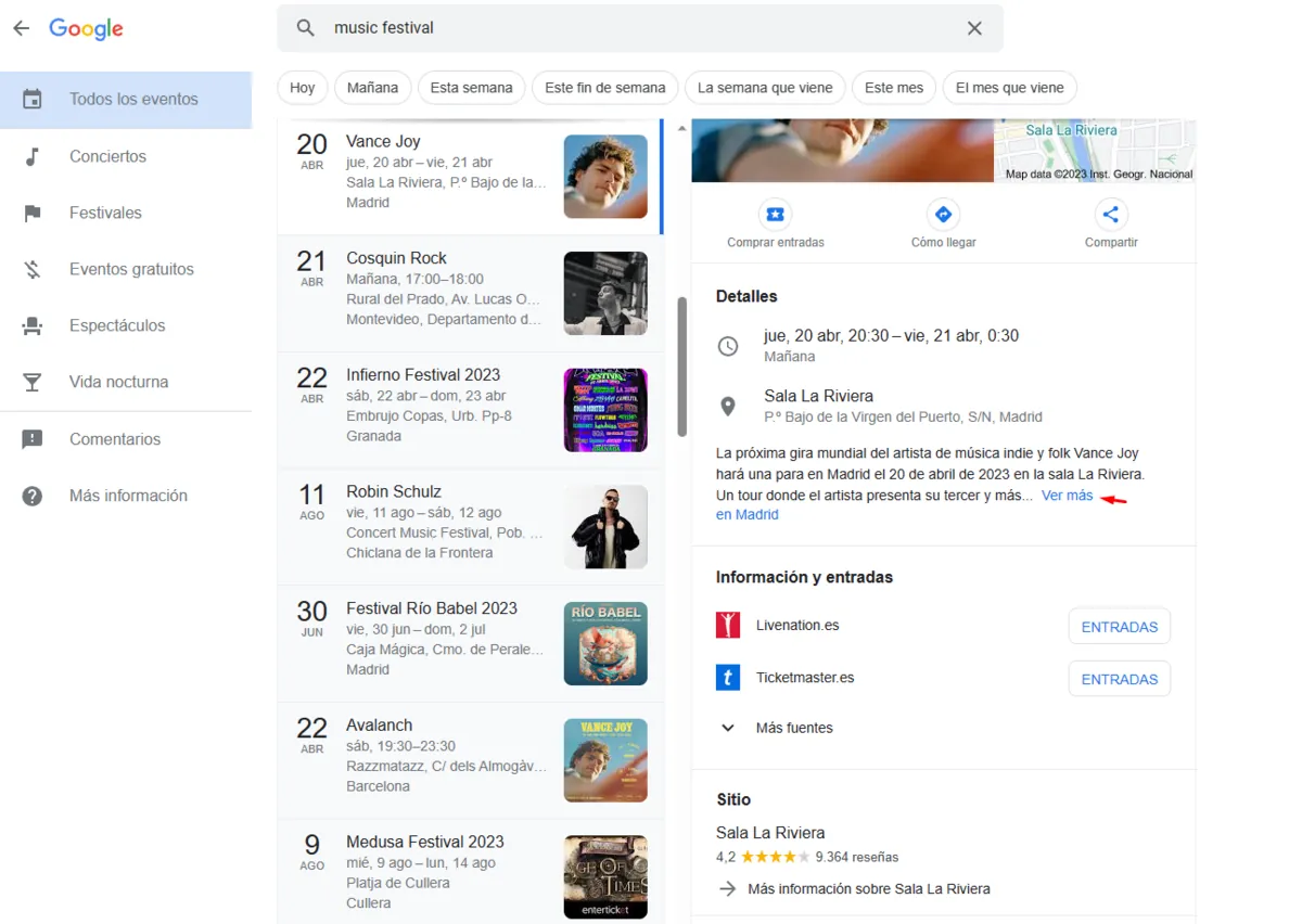 Google Events for 'music festival' with the source cited in the Vance Joy listing