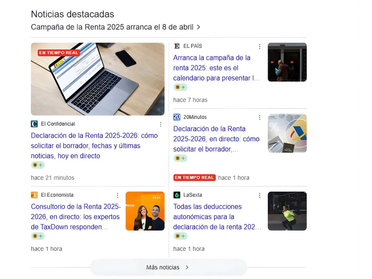 Google Top stories on the 2025 tax return from El Confidencial, El País and 20Minutos