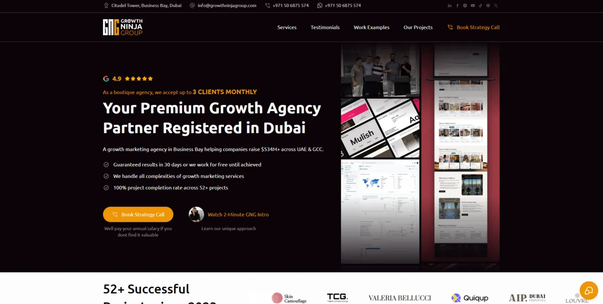 Home page of Growth Ninja Group, an SEO agency in Dubai