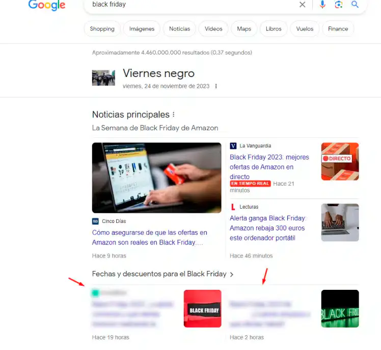Two campaign articles in Google Top stories for 'black friday', under 'Fechas y descuentos'