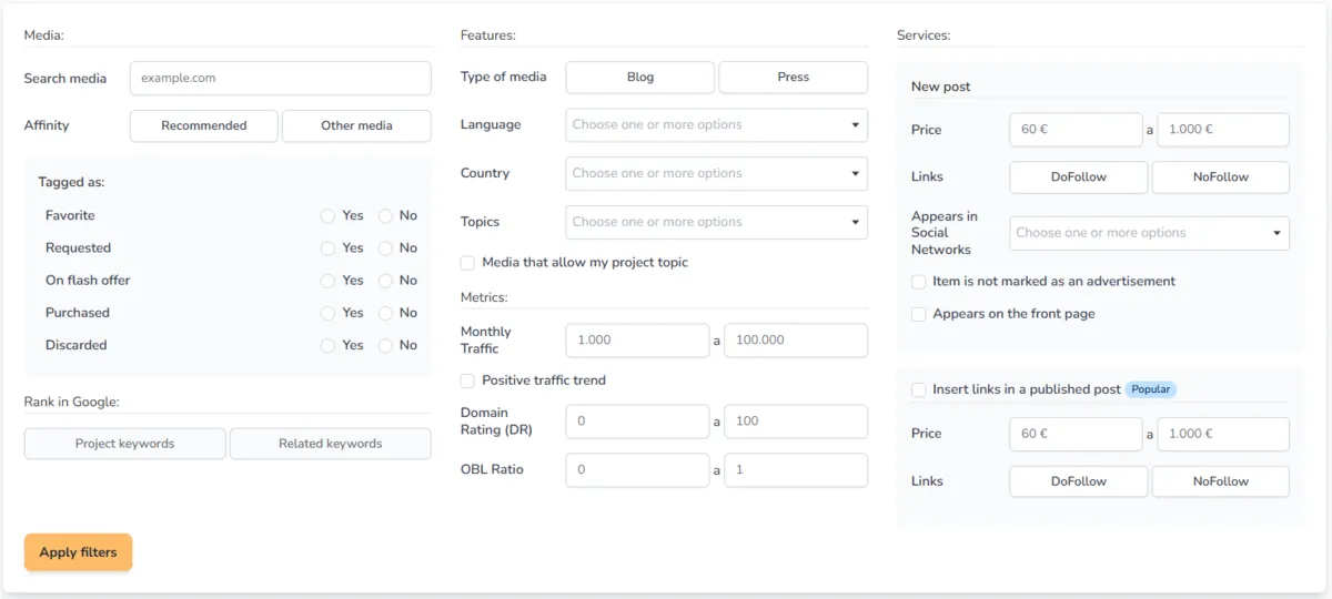 Growwer media catalogue filters by topic, country, traffic, DR, price and link type