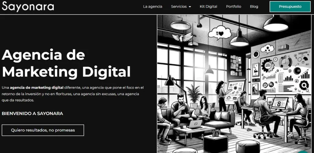 Sayonara digital marketing agency home page with an illustrated office team