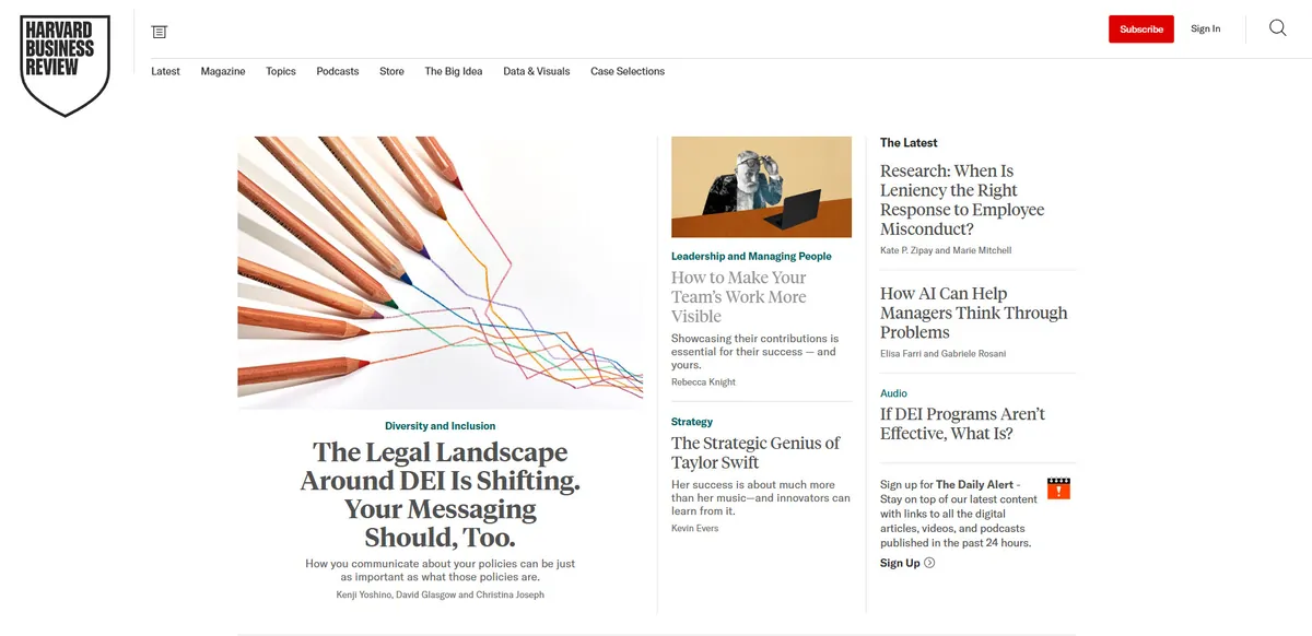 Home page of Harvard Business Review (HBR), a US business site