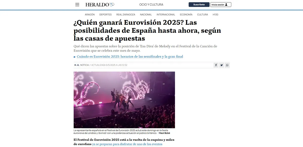 Artículo de Heraldo.es sobre las posibilidades de España en Eurovisión 2025 según las apuestas
