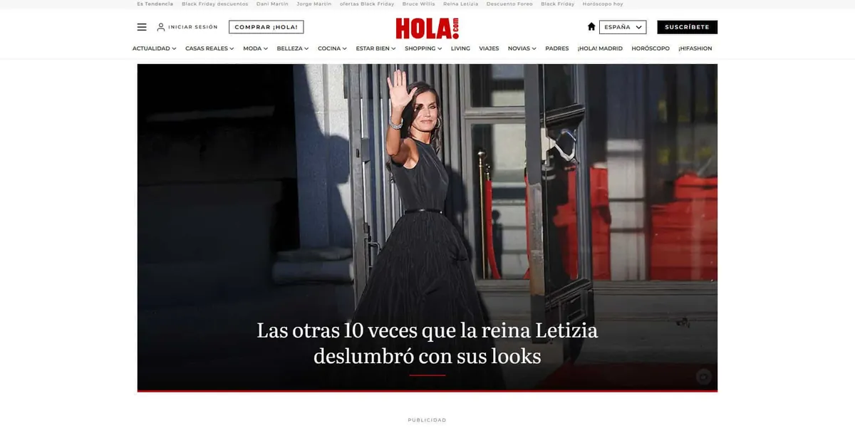 Home page of Hola, a Spanish fashion magazine