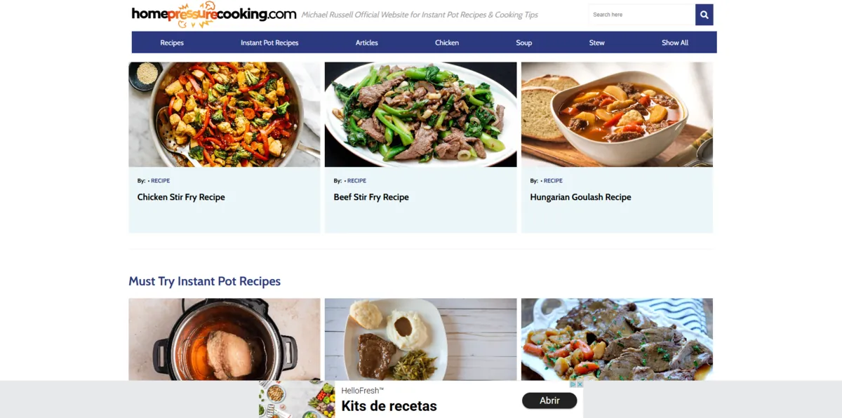 Home page of Home Pressure Cooking, a US food site