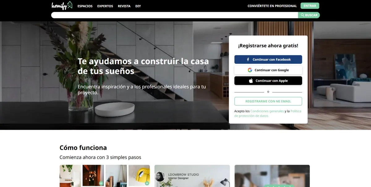 Home page of Homify, a Spanish home decor site